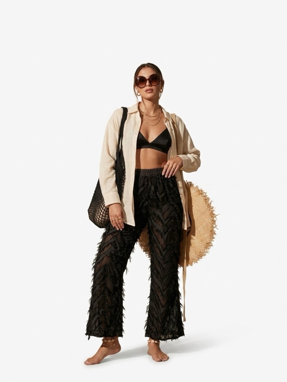 Black Sheer Fringe Wide-Leg Pants - Women Size Medium